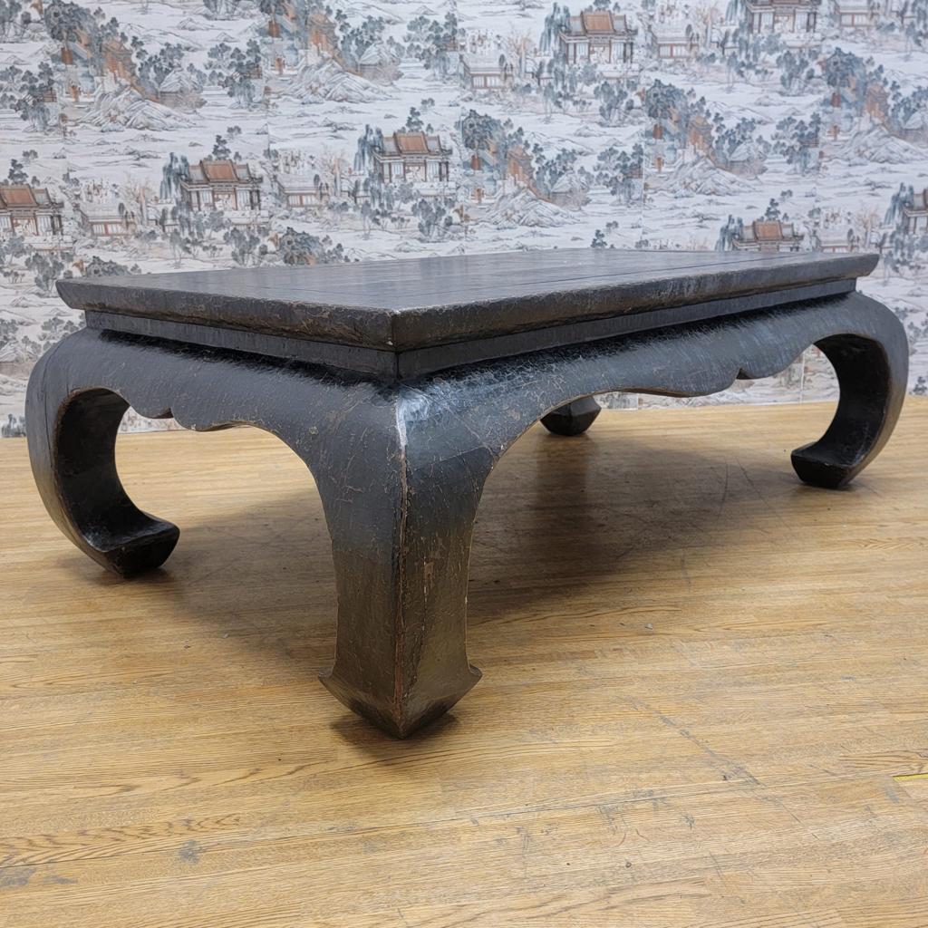 Antique Shanxi Province Kang Style Black Linen Wrapped Elm Coffee Table For Sale 1