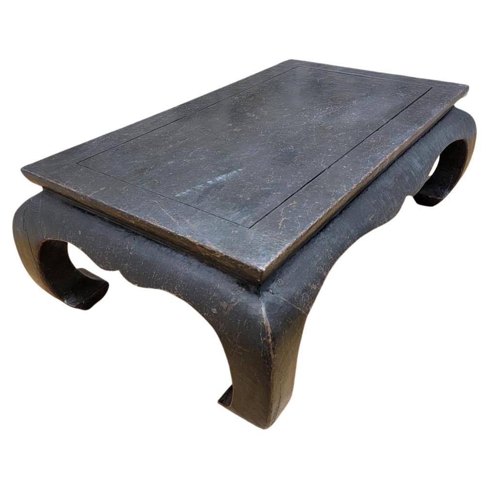 Antique Shanxi Province Kang Style Black Linen Wrapped Elm Coffee Table For Sale