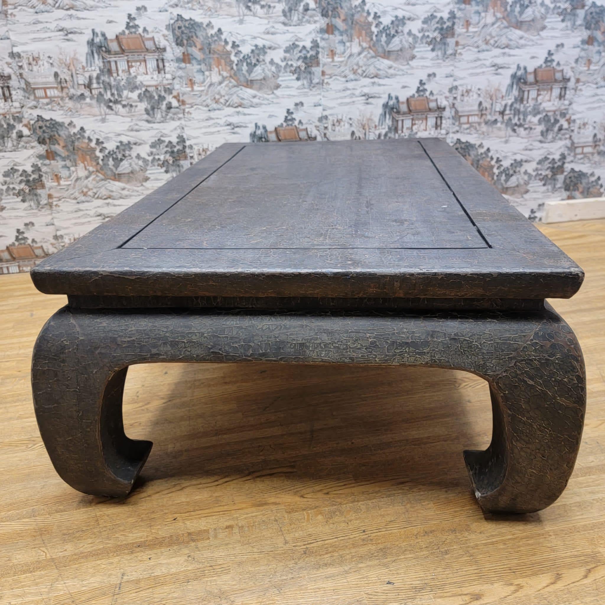 Chinese Export Antique Shanxi Province Linen Wrapped Lacquered Elm Coffee Table For Sale