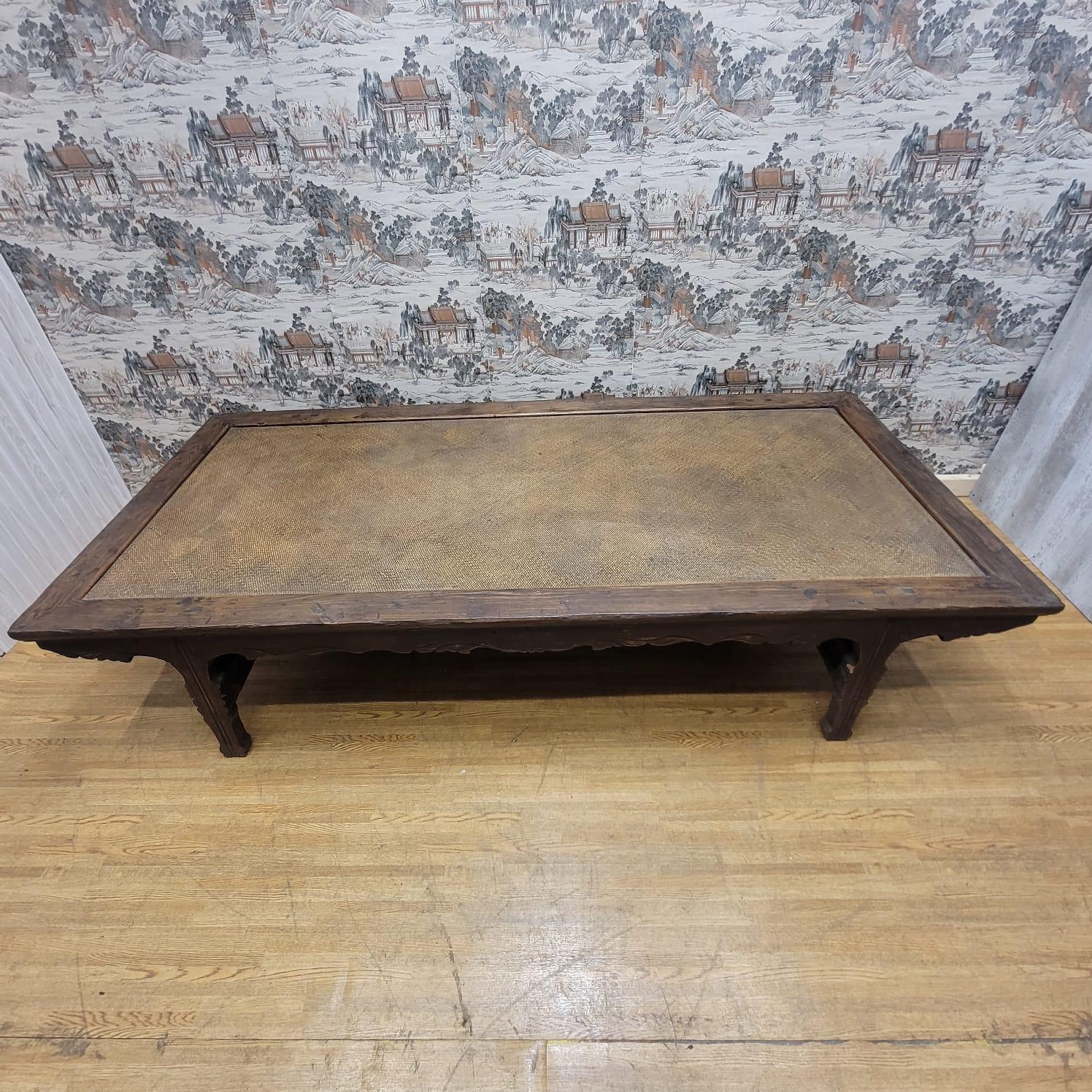 Antique Shanxi Province Ming Dynasty Opium Bed Elm and Rattan Coffee Table For Sale 11