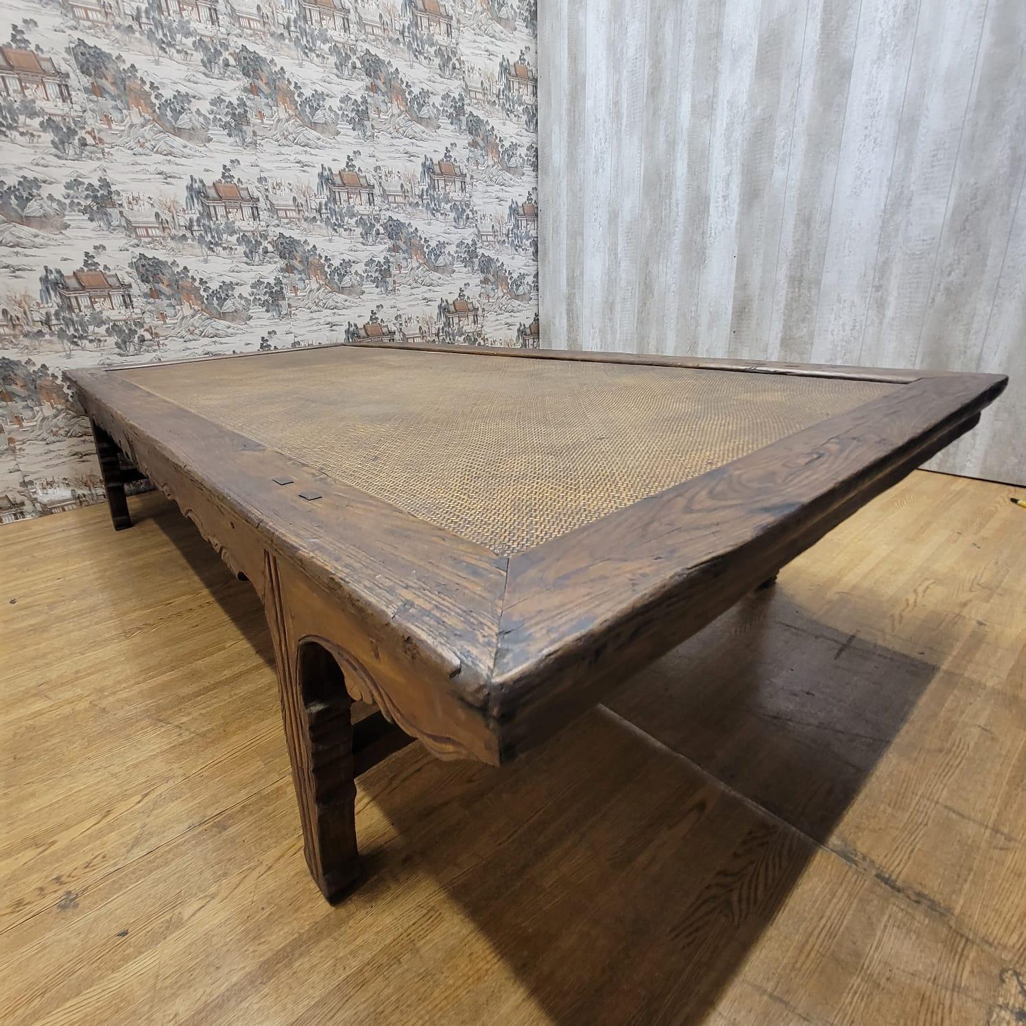 Antique Shanxi Province Ming Dynasty Opium Bed Elm and Rattan Coffee Table For Sale 13