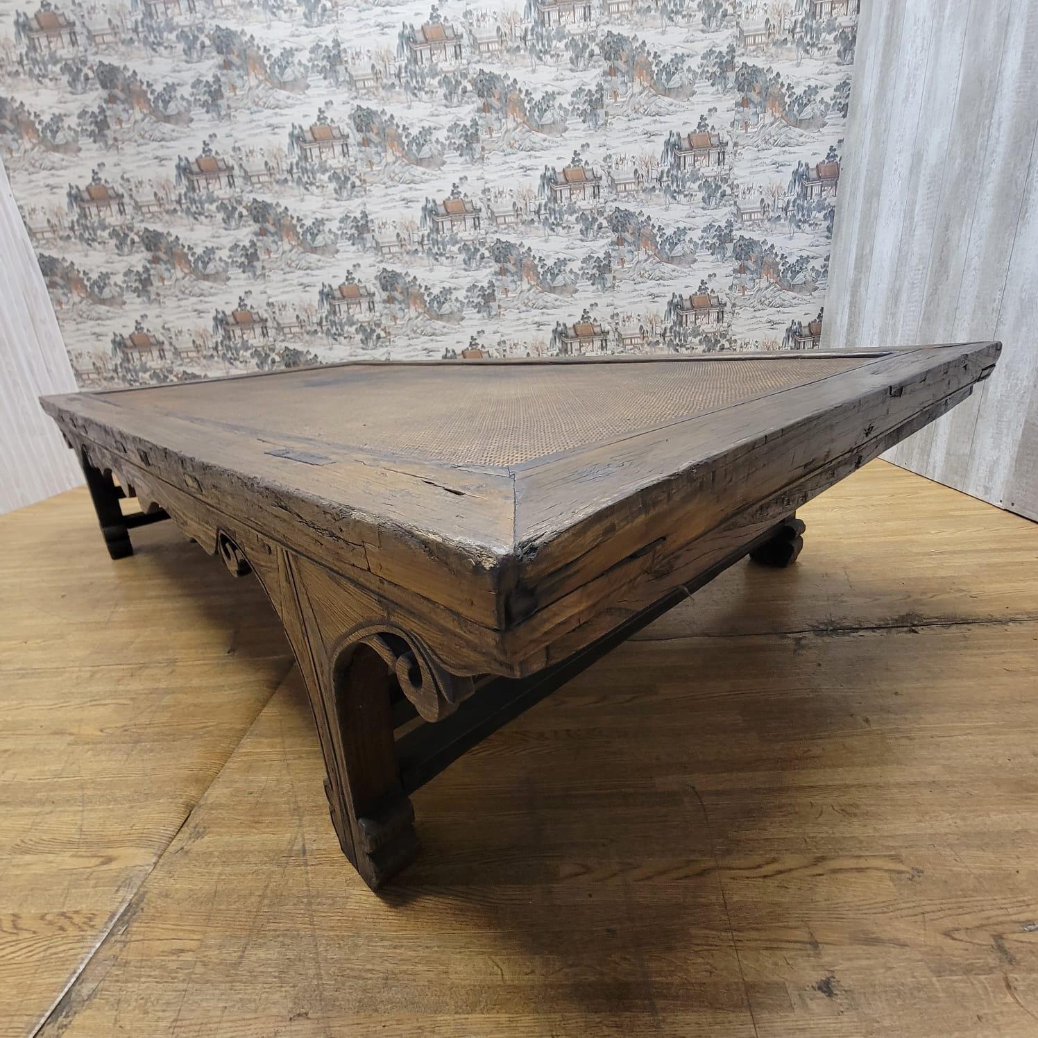 Chinese Antique Shanxi Province Ming Dynasty Opium Bed Elm and Rattan Coffee Table For Sale
