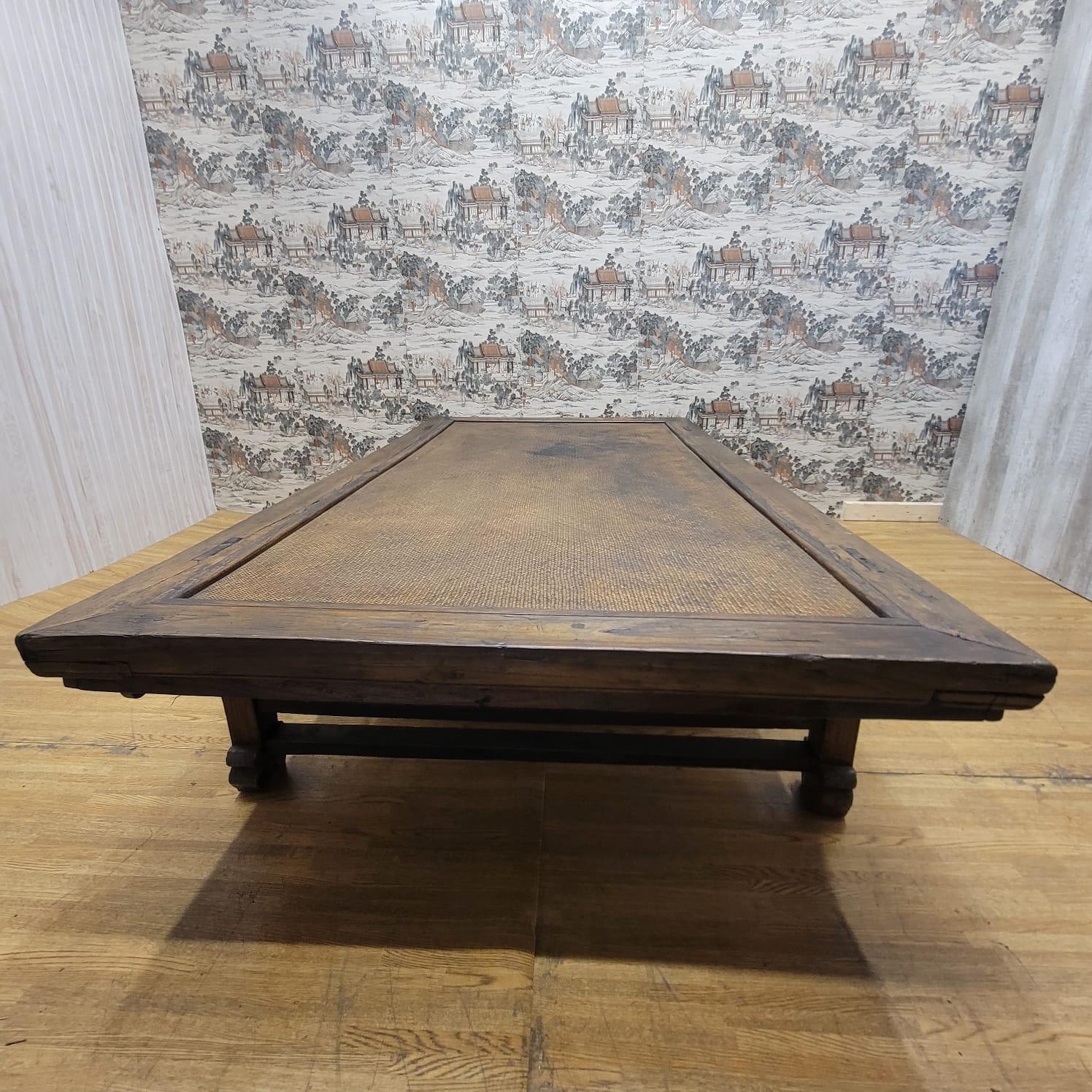 Hand-Crafted Antique Shanxi Province Ming Dynasty Opium Bed Elm and Rattan Coffee Table For Sale