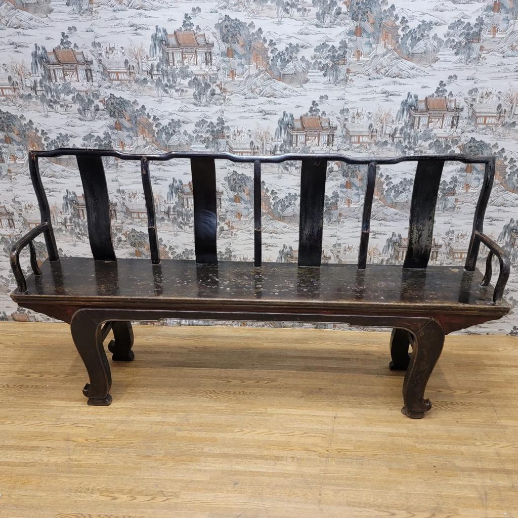 Hand-Crafted Antique Shanxi Province Rare Top Hat Court Official Elm Bench For Sale