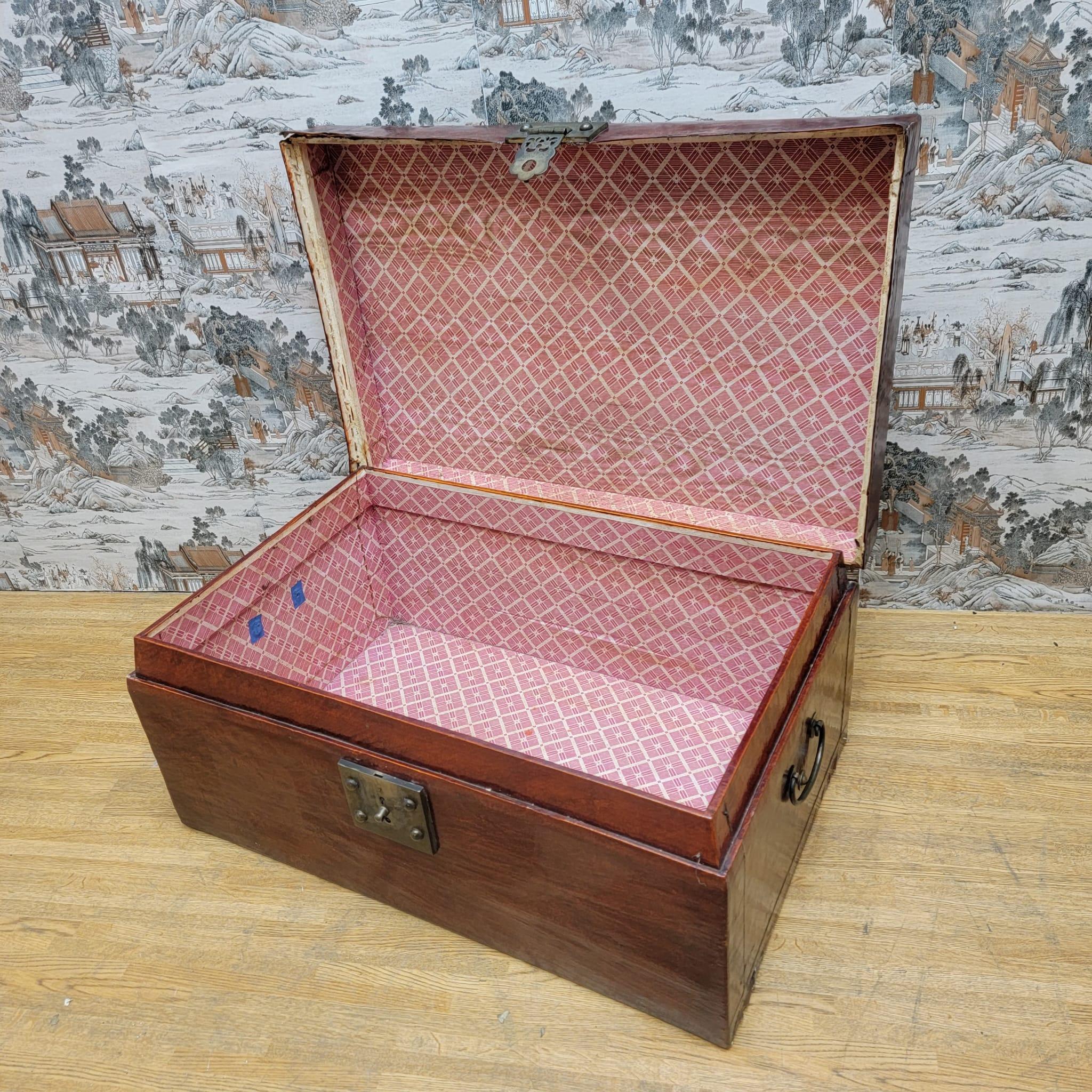 Rustic Antique Shanxi Province Red Elm Leather Wrapped Travel Box