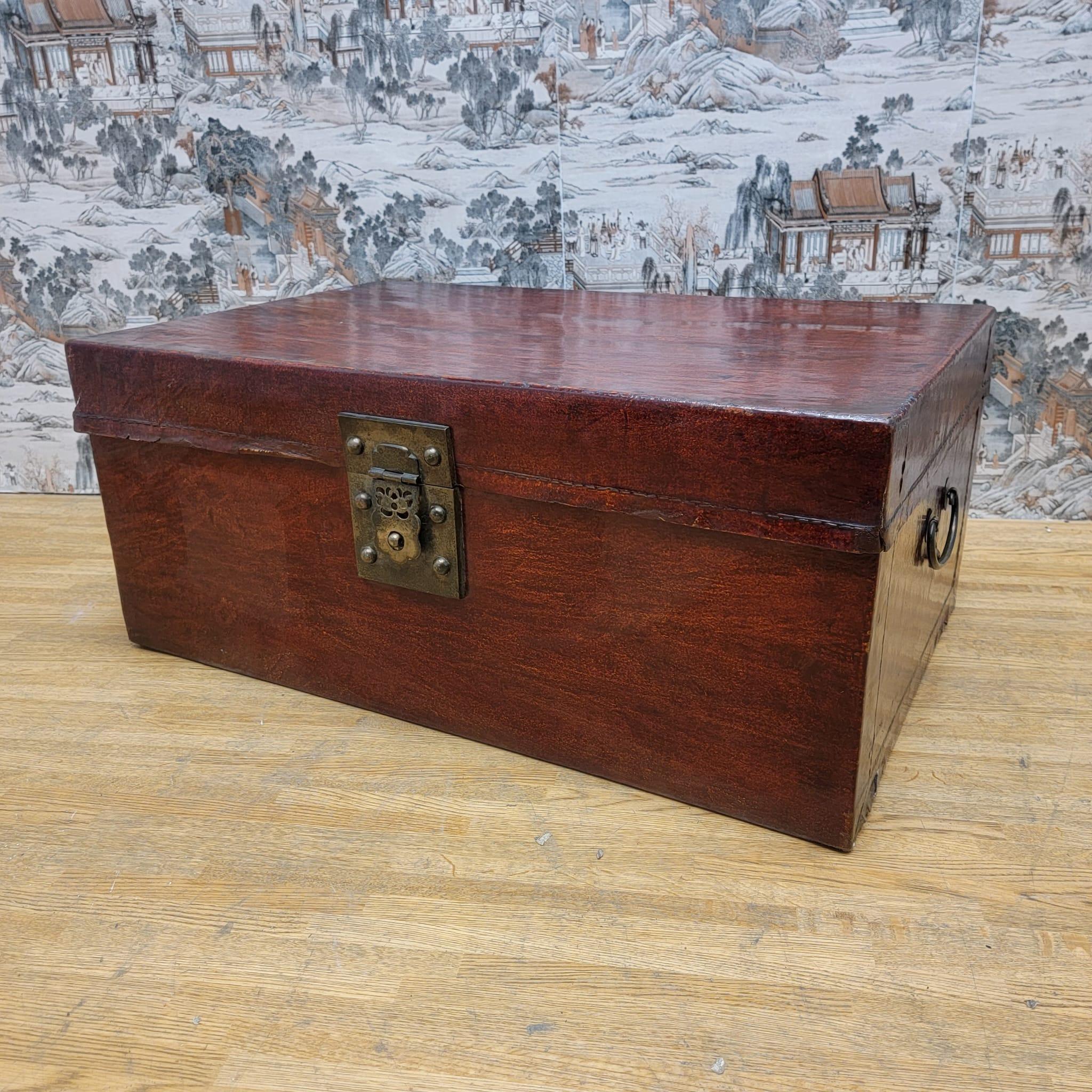 Chinese Antique Shanxi Province Red Elm Leather Wrapped Travel Box