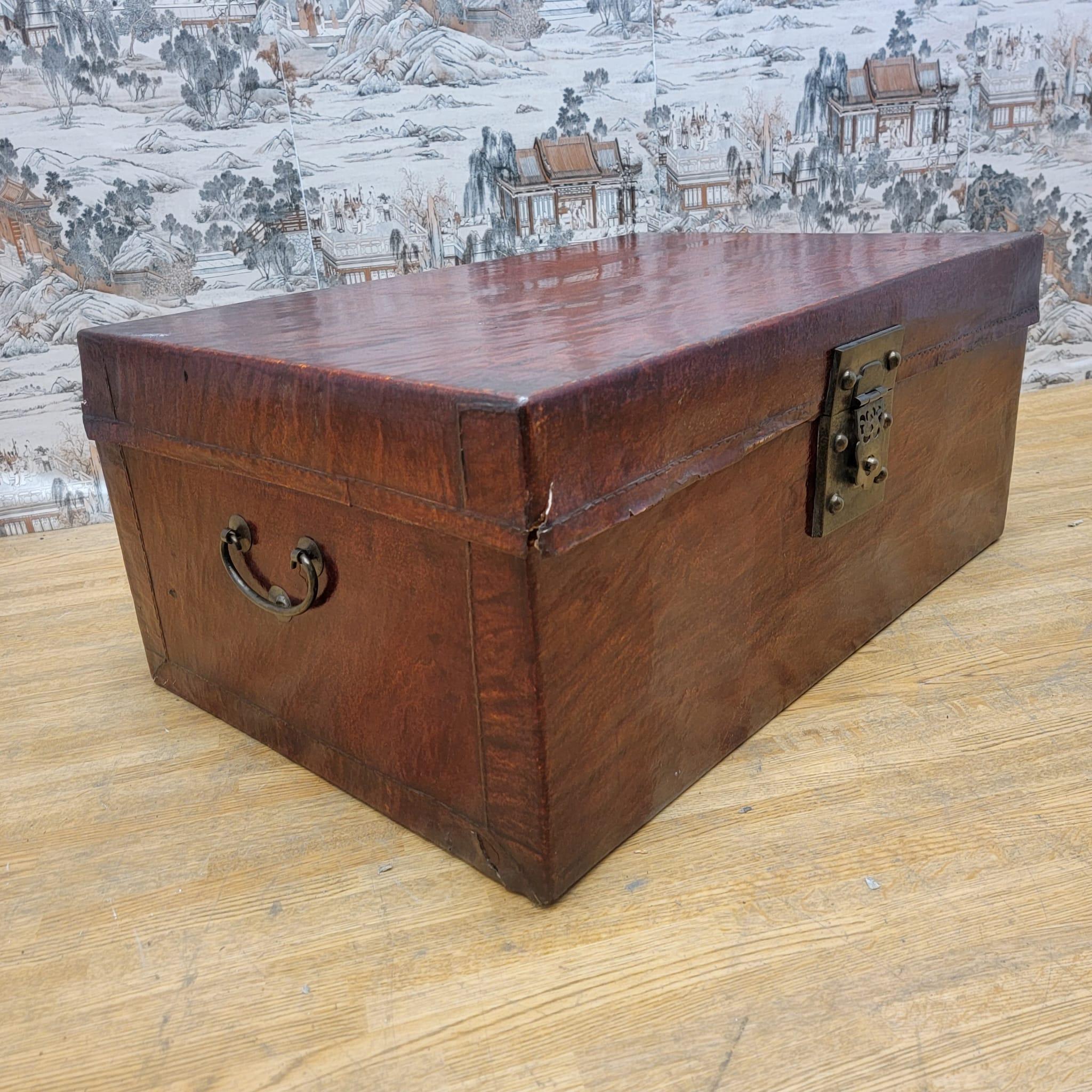 Mid-20th Century Antique Shanxi Province Red Elm Leather Wrapped Travel Box