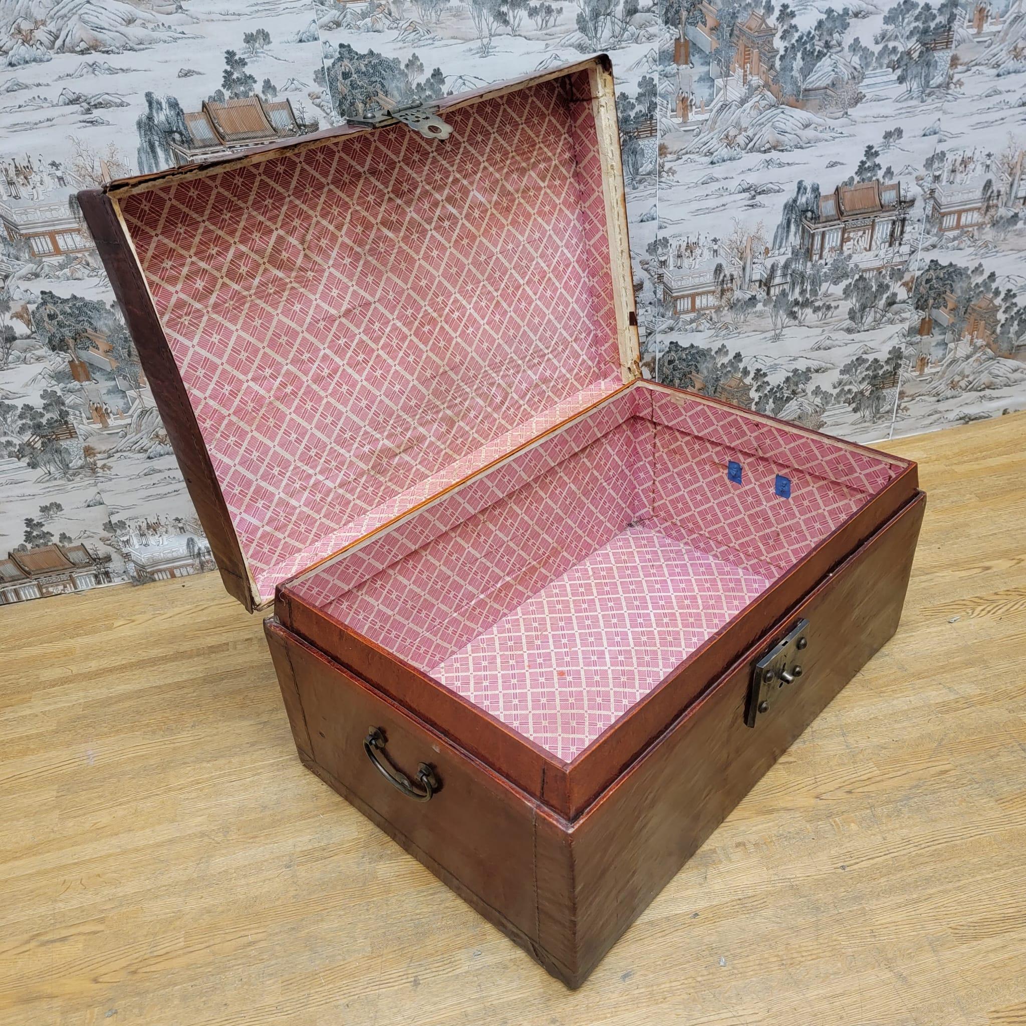 Brass Antique Shanxi Province Red Elm Leather Wrapped Travel Box
