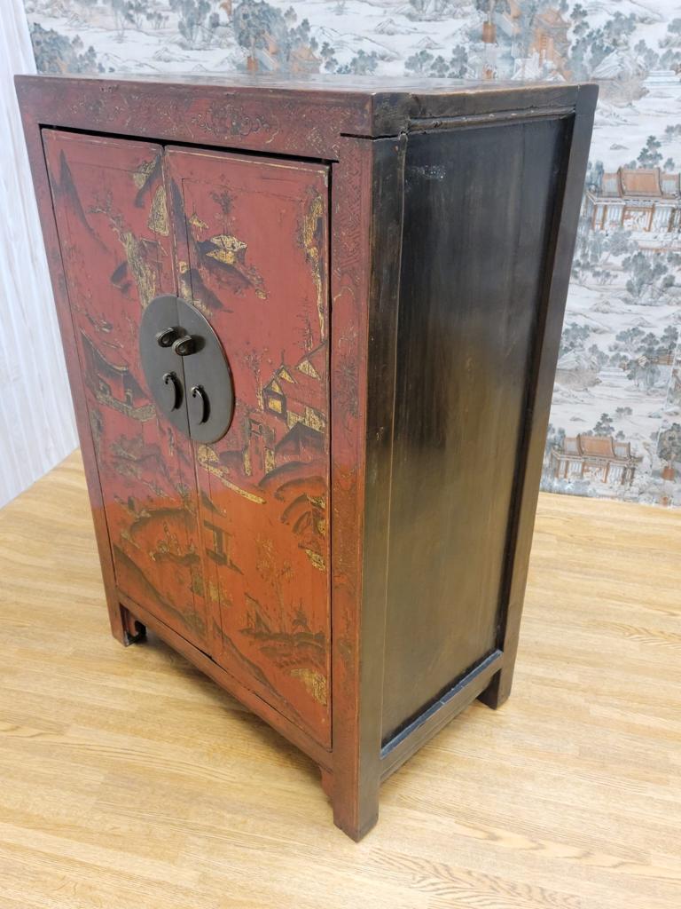 Chinese Antique Shanxi Province Red Lacquer Chinoiserie Cabinet   For Sale