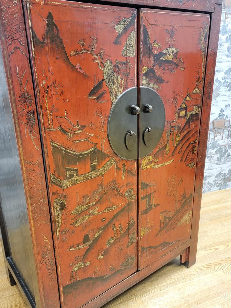 Wood Antique Shanxi Province Red Lacquer Chinoiserie Cabinet   For Sale
