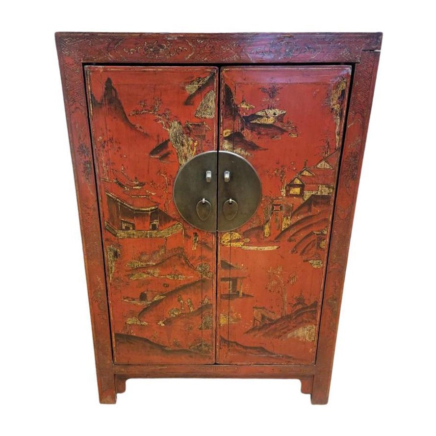 Antique Shanxi Province Red Lacquer Chinoiserie Cabinet