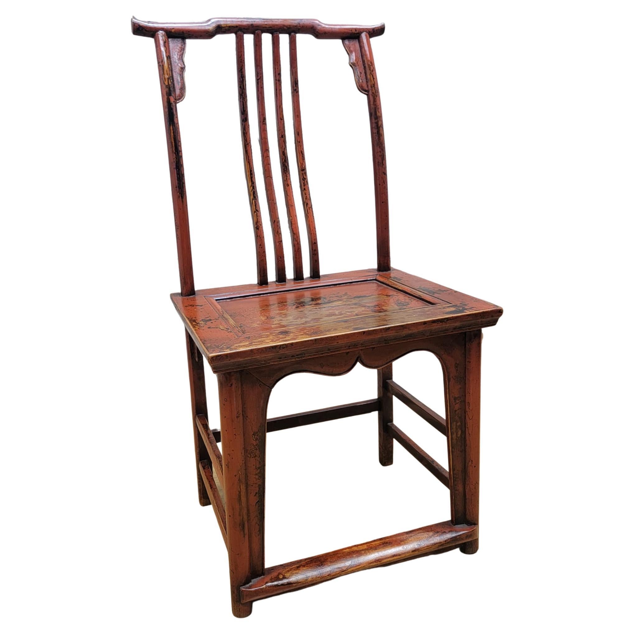 Antique Shanxi Province Red Lacquer Elm Side / Dining Chair For Sale