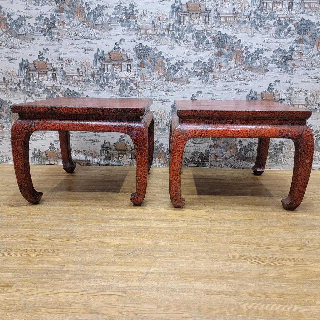 Antique Shanxi Province Red Lacquer Elm side tables - pair

These Antique Shanxi Province Elm Side Tables have been wrapped in linen and painted with red lacquer. Unique cracking due to age.

Circa 1900

Dimensions:
H 25.5”
W 25”
D 25”.