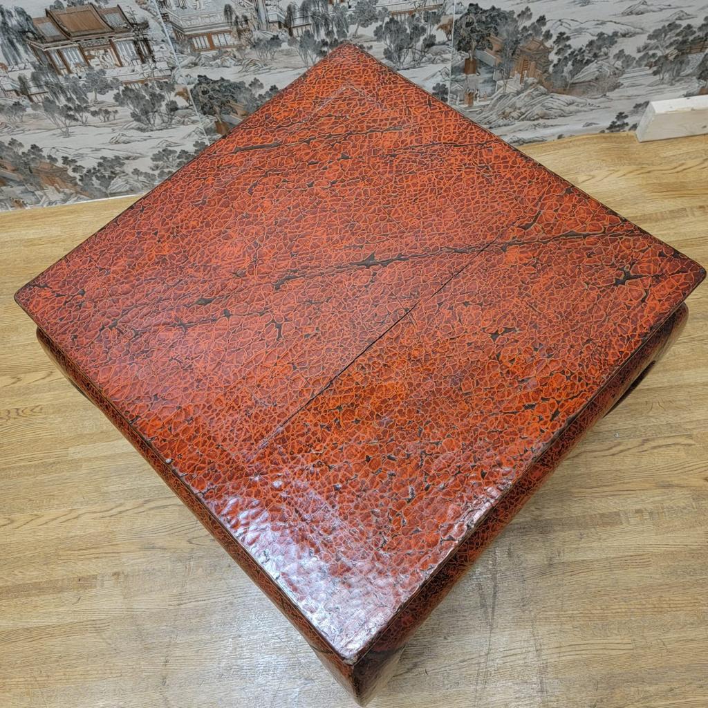 Chinese Export Antique Shanxi Province Red Lacquer Elm Side Tables, Pair For Sale