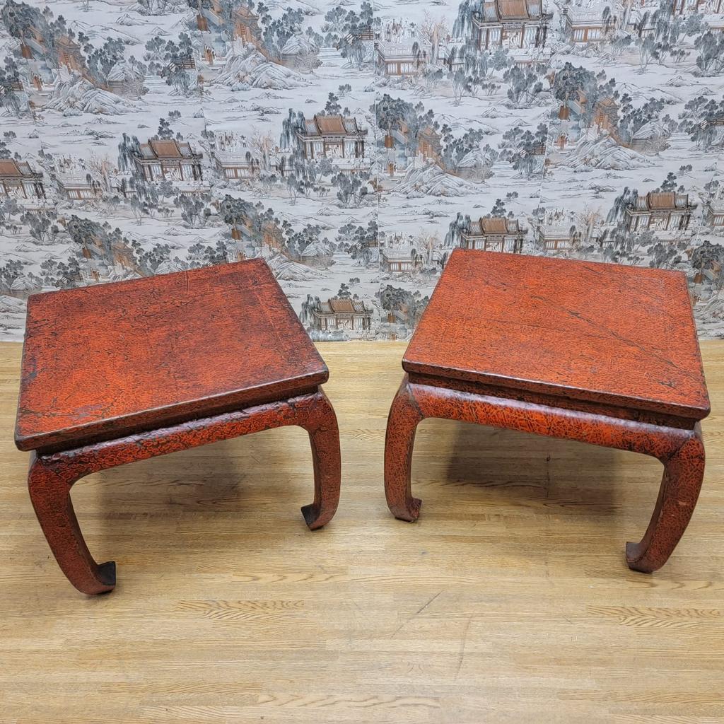 Antique Shanxi Province Red Lacquer Elm Side Tables, Pair In Good Condition For Sale In Chicago, IL