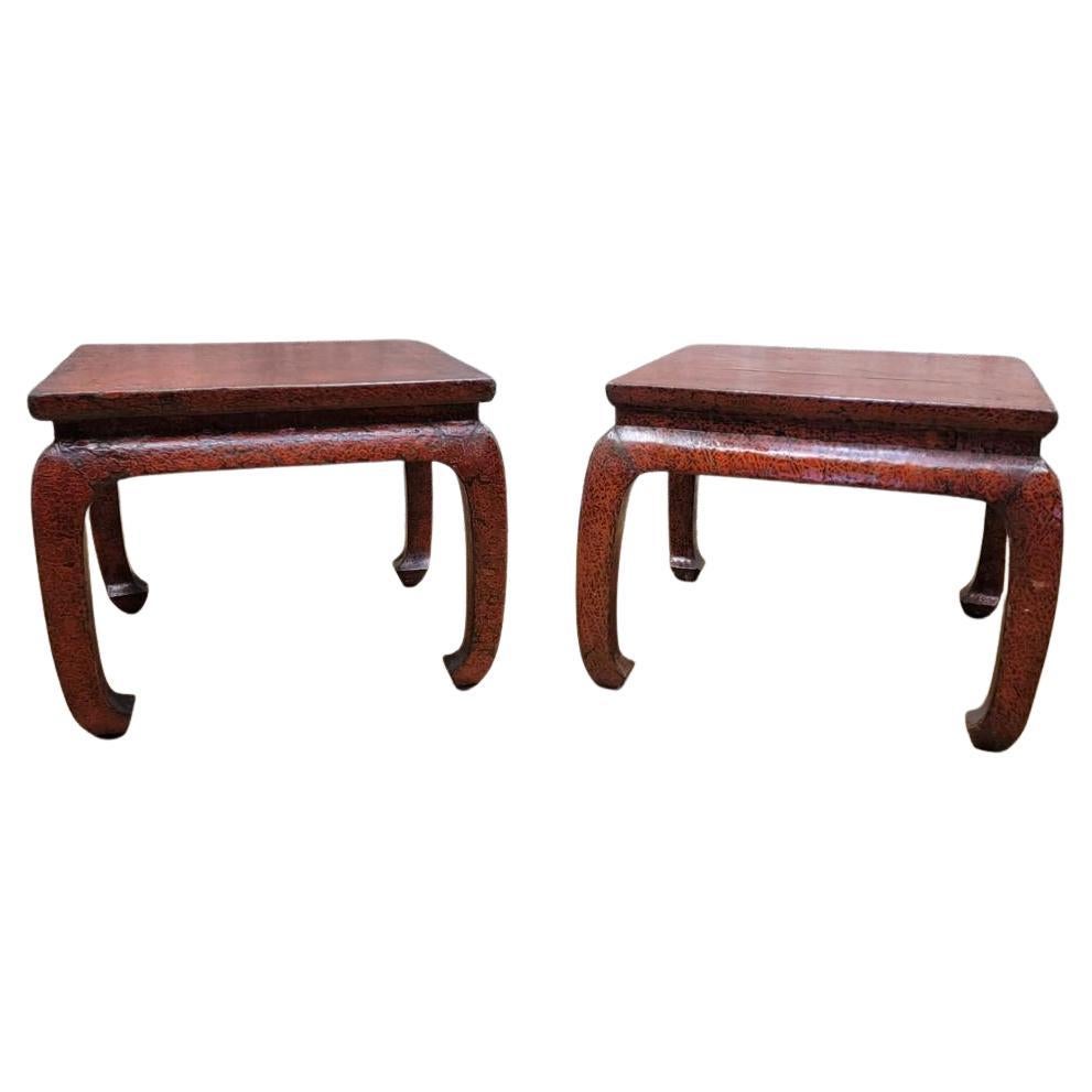 Antique Shanxi Province Red Lacquer Elm Side Tables, Pair