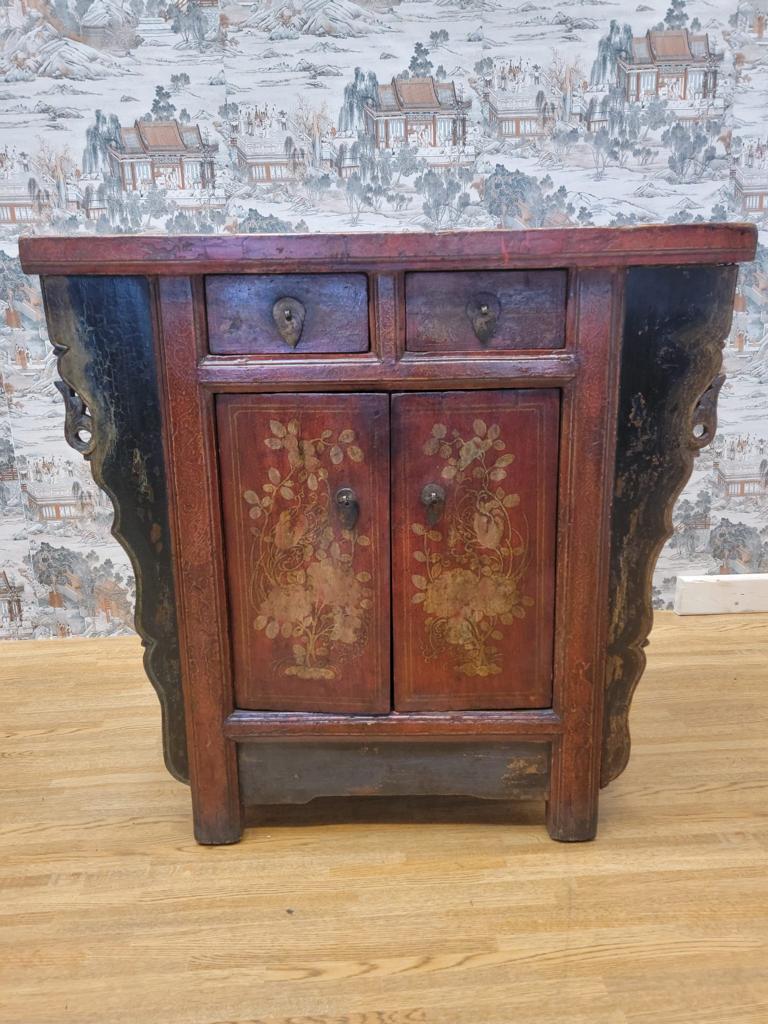 Antique Shanxi Province Winged Red Lacquer Painted Small Cabinet For Sale 4