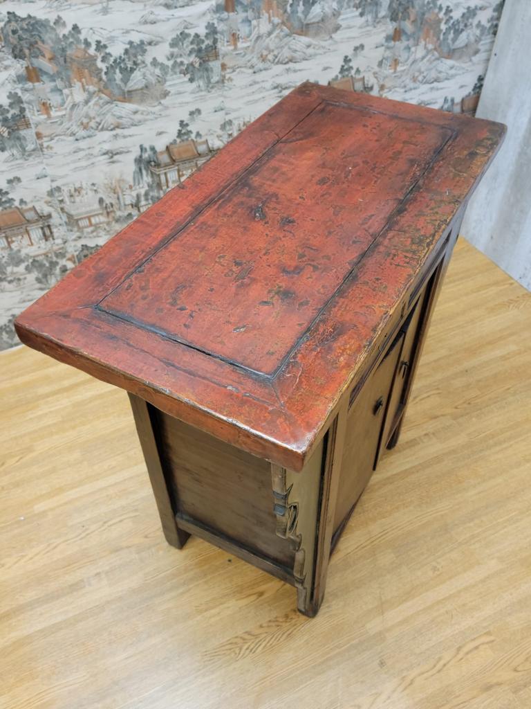 Chinese Antique Shanxi Province Winged Red Lacquer Painted Small Cabinet For Sale