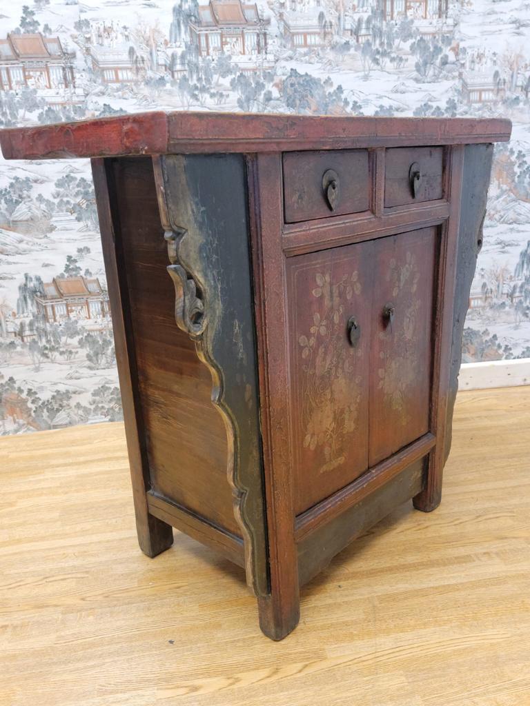 Wood Antique Shanxi Province Winged Red Lacquer Painted Small Cabinet For Sale