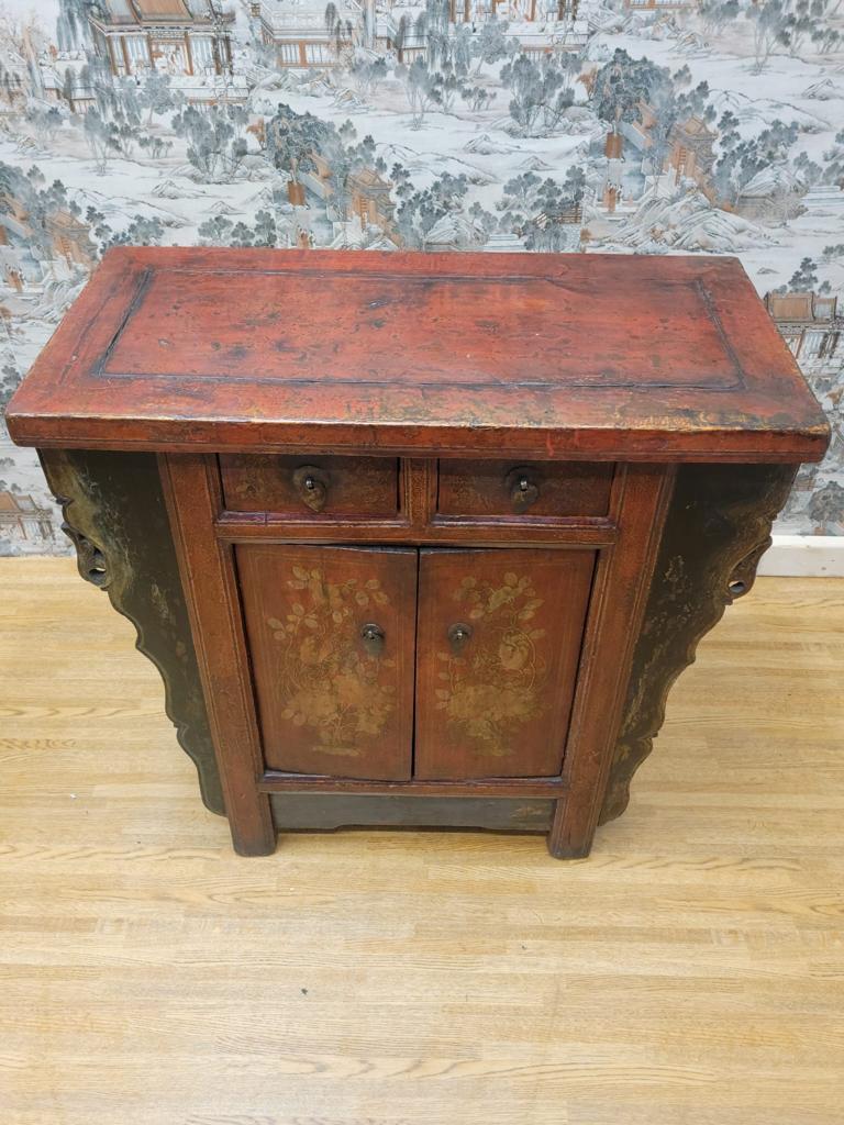 Antique Shanxi Province Winged Red Lacquer Painted Small Cabinet For Sale 1