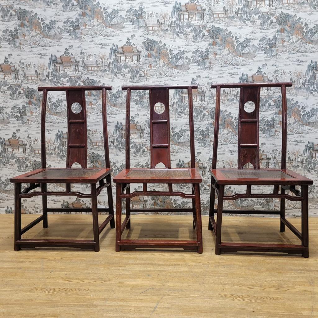 Antique Shanxi Province Red Lacquered Elm Dining / Office Chairs, Set of 3 For Sale 5