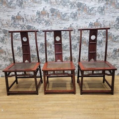 Antique Shanxi Province Red Lacquered Elm Dining / Office Chairs, Set of 3