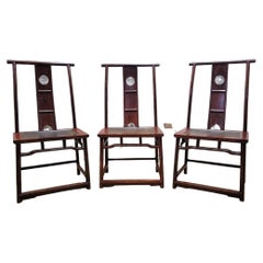Antique Shanxi Province Red Lacquered Elm Dining / Office Chairs, Set of 3