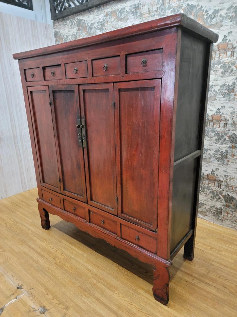 Antique Shanxi Province Red Lacquered Elm Storage Cabinet with Drawers For Sale 4