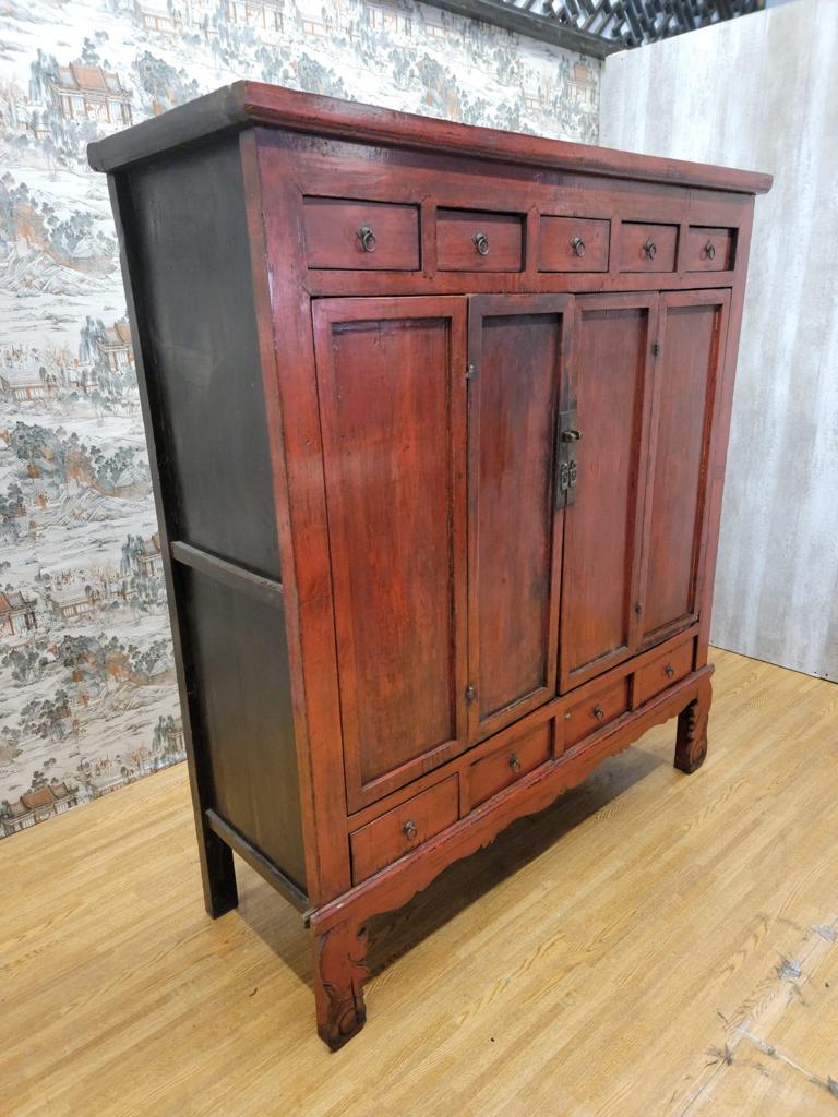 Chinese Export Antique Shanxi Province Red Lacquered Elm Storage Cabinet with Drawers For Sale