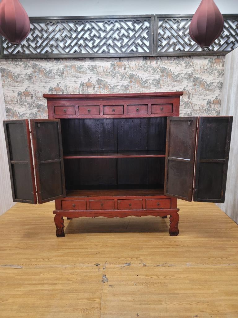 Chinese Antique Shanxi Province Red Lacquered Elm Storage Cabinet with Drawers For Sale