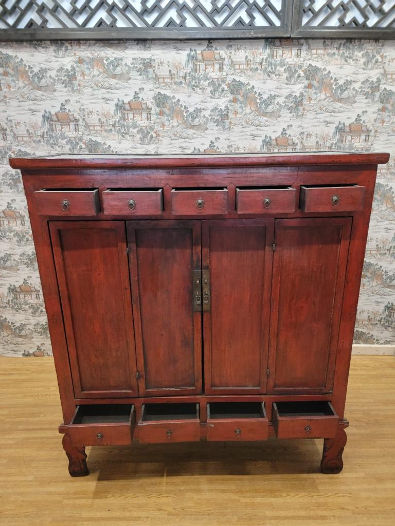 Hand-Crafted Antique Shanxi Province Red Lacquered Elm Storage Cabinet with Drawers For Sale