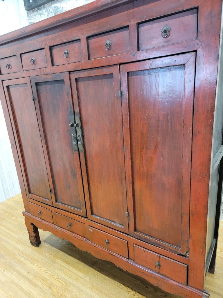 Wood Antique Shanxi Province Red Lacquered Elm Storage Cabinet with Drawers For Sale