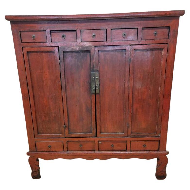 Antique Shanxi Province Red Lacquered Elm Storage Cabinet with Drawers For Sale
