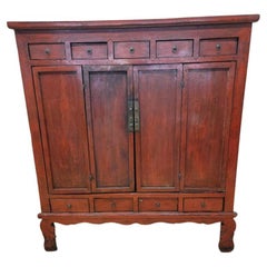 Antique Shanxi Province Red Lacquered Elm Storage Cabinet with Drawers