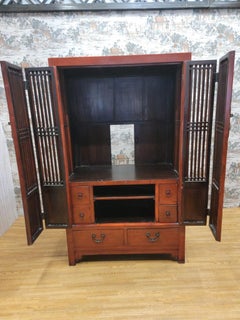Antique Shanxi Province Red Lacquered Elmwood Storage Cabinet