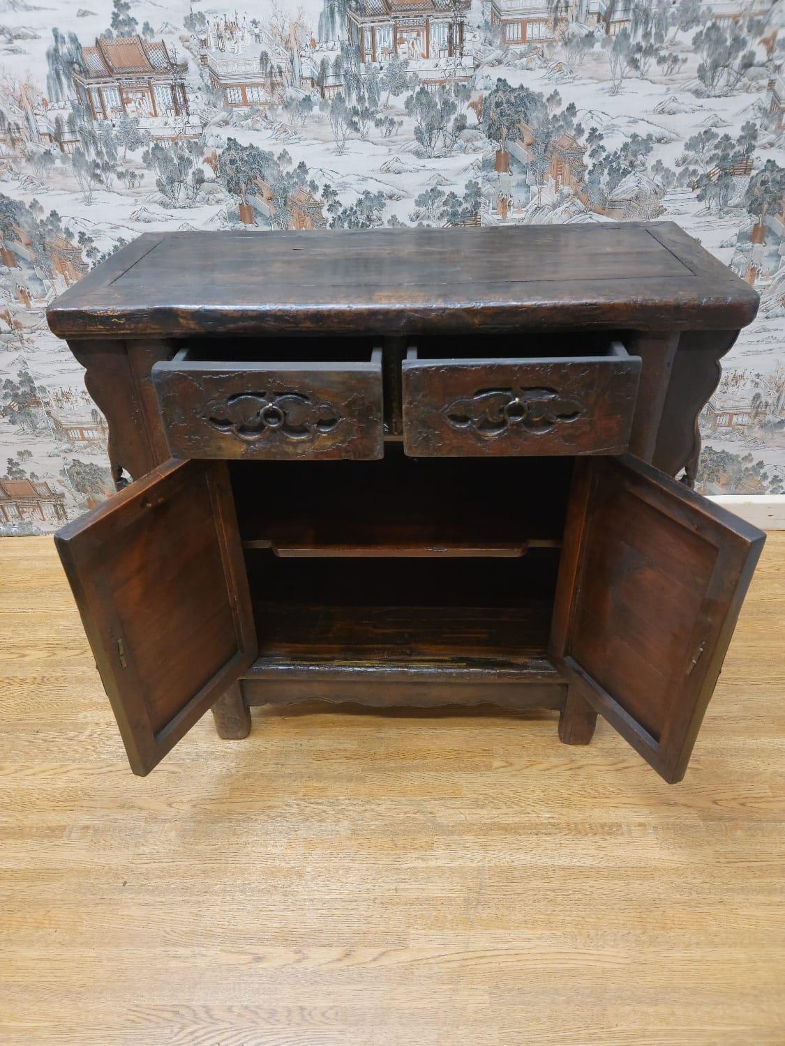 Chinese Antique Shanxi Province Small Winged Elmwood Cabinet For Sale