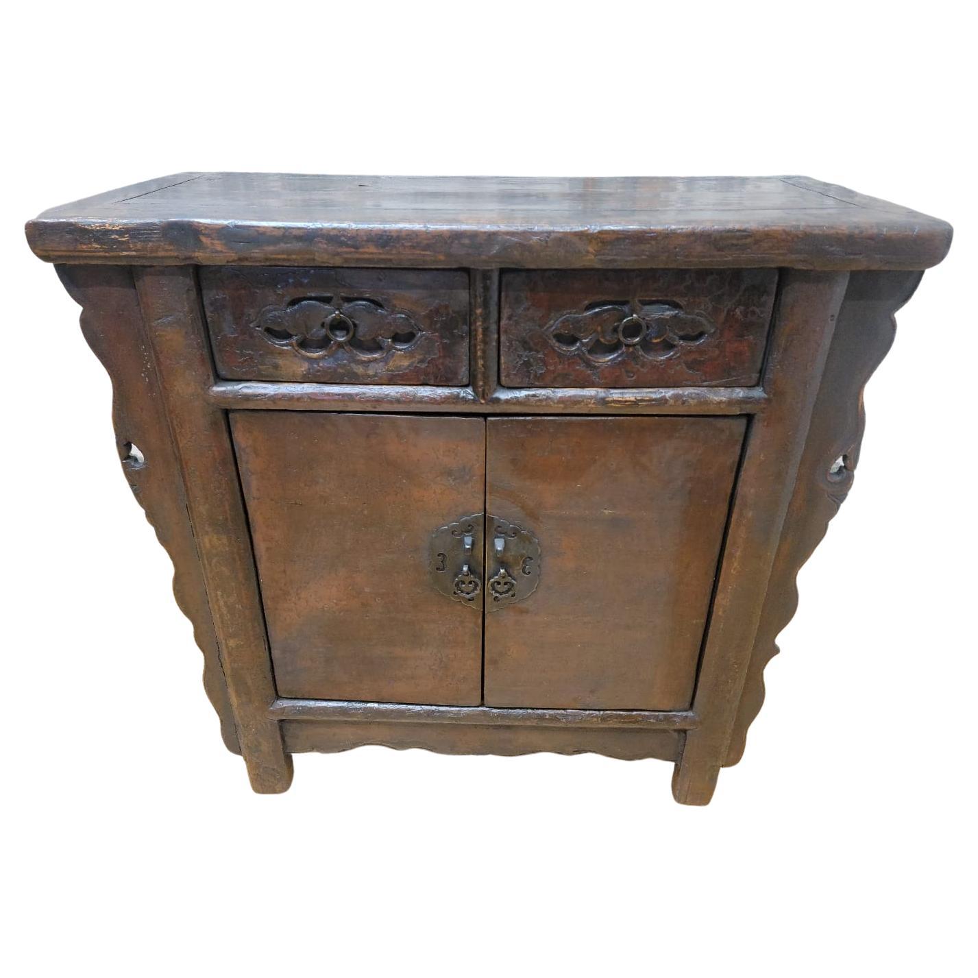 Antique Shanxi Province Small Winged Elmwood Cabinet For Sale