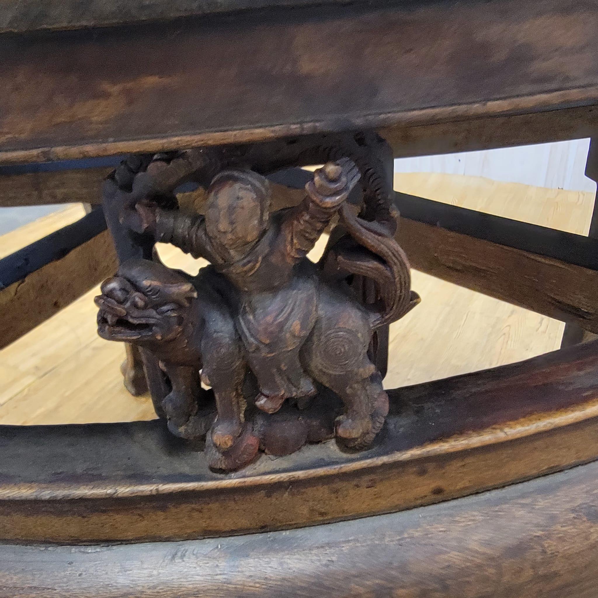 Antique Shanxi Province Tall Elm Round Accent Table with Animal Carvings For Sale 4