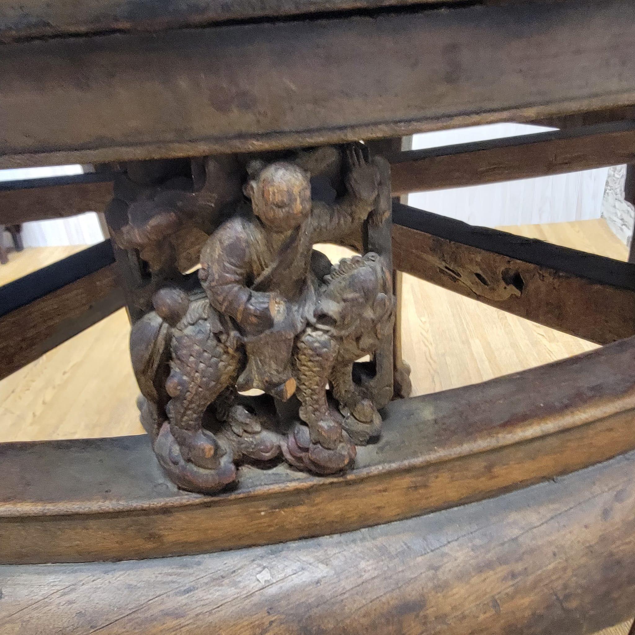 Antique Shanxi Province Tall Elm Round Accent Table with Animal Carvings For Sale 5