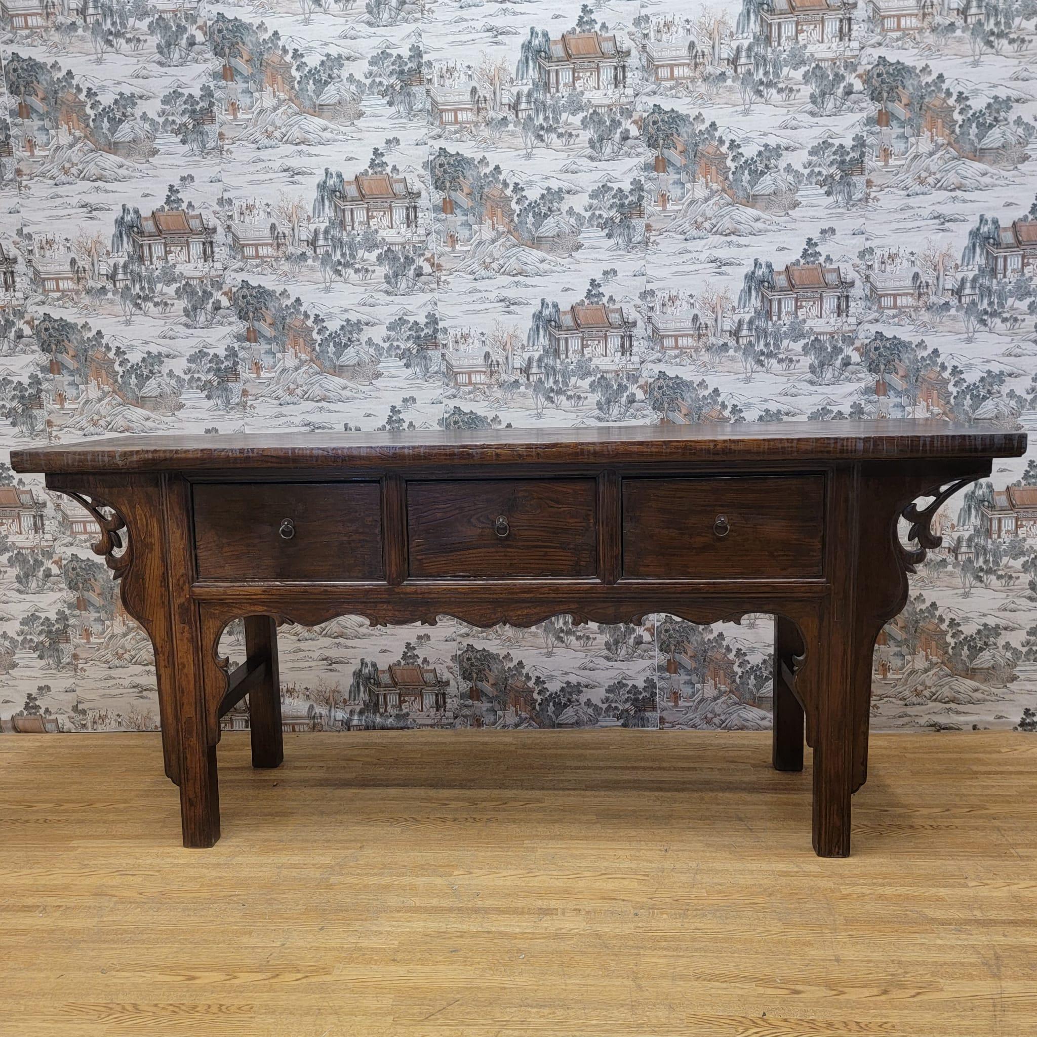 Hand-Carved Antique Shanxi Province Winged Elm Sideboard with 3 Drawers