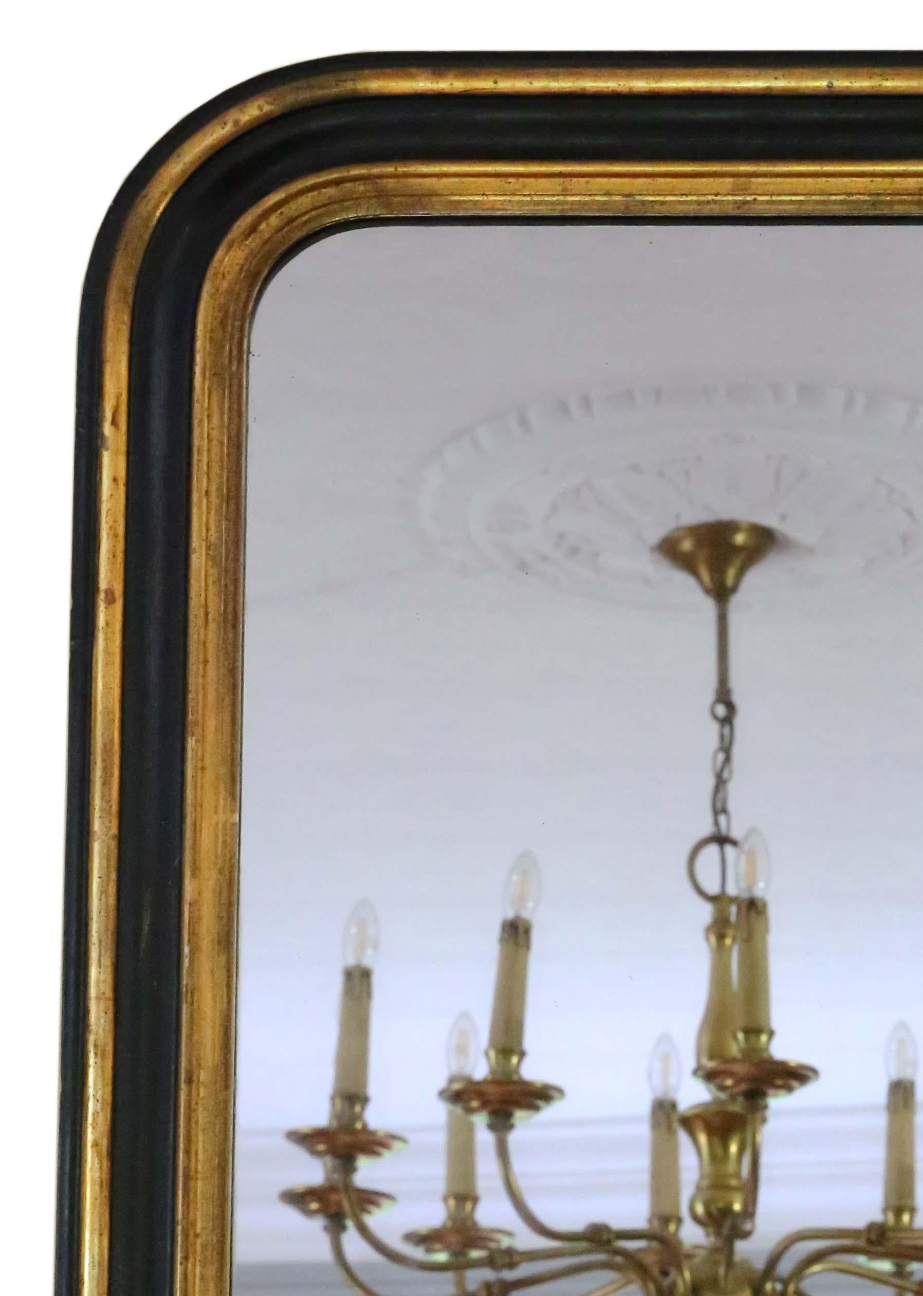 Antique shaped 19th Century large quality black and gilt overmantle wall mirror In Good Condition In Wisbech, Cambridgeshire
