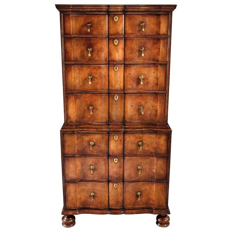 Antique Shaped Front Walnut Chest On Chest Of Unusual Design At