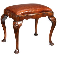 Antique Shaped Walnut and Leather Stool
