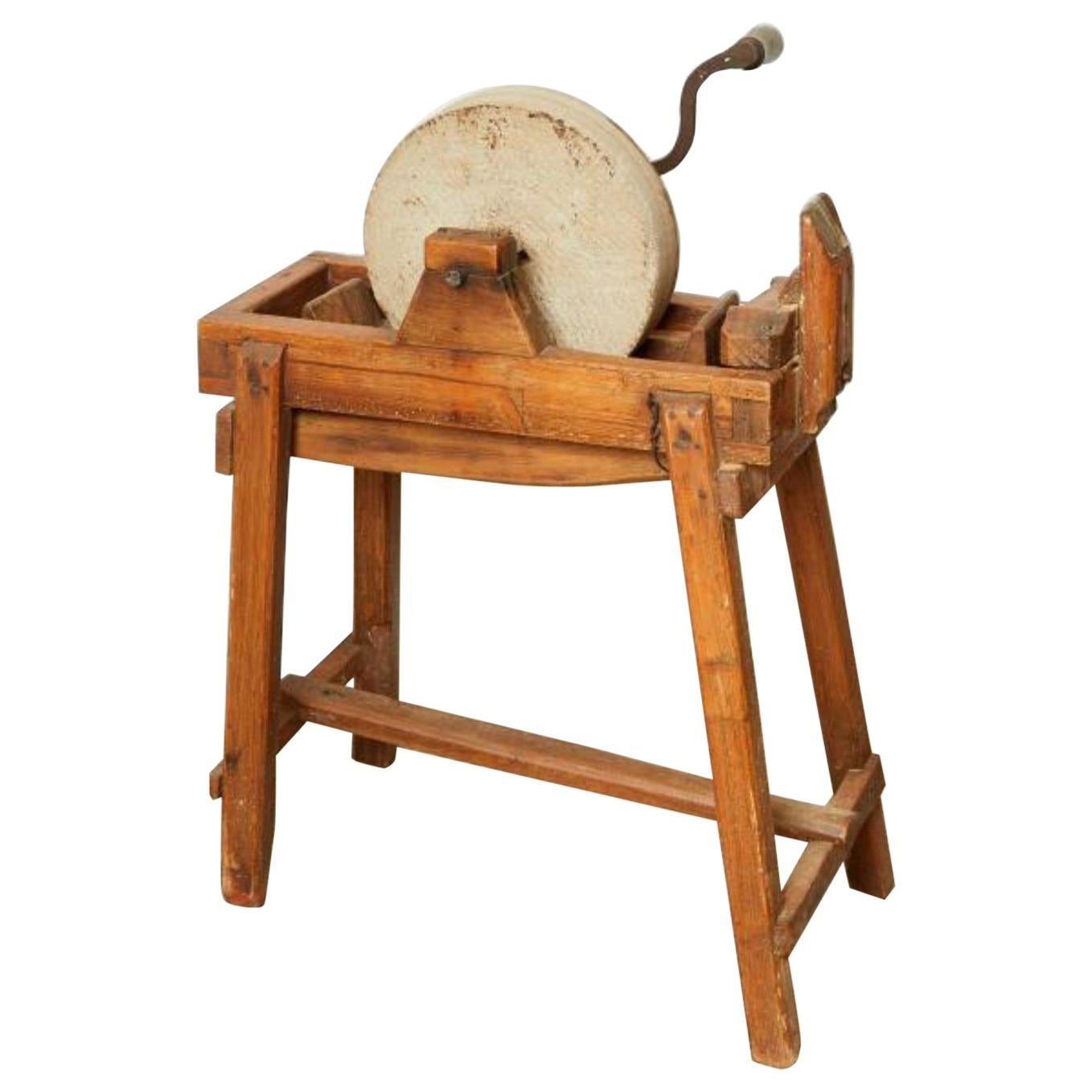 Antique Sharpening Wheel Standing on Wood Base, France, circa 1900