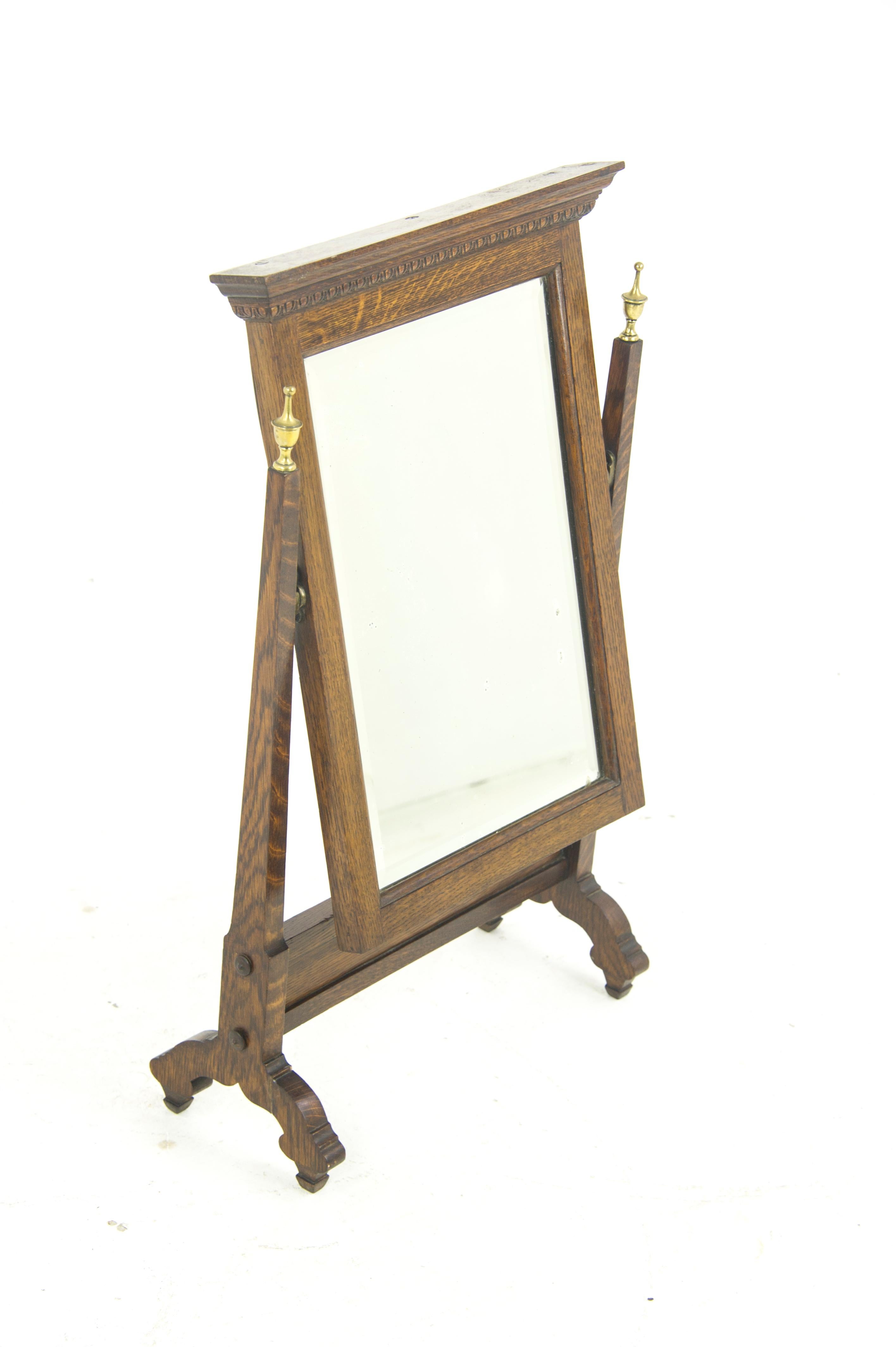 Antique shaving mirror, dressing mirror, vanity mirror, Scotland, 1900, H26

Scotland 1900
Solid Tiger Oak Construction0
Original Finish
Crisp Carved Cornice Above
Rectangular Beveled Mirror
Flanked by two supports with brass finials on top
Shaped