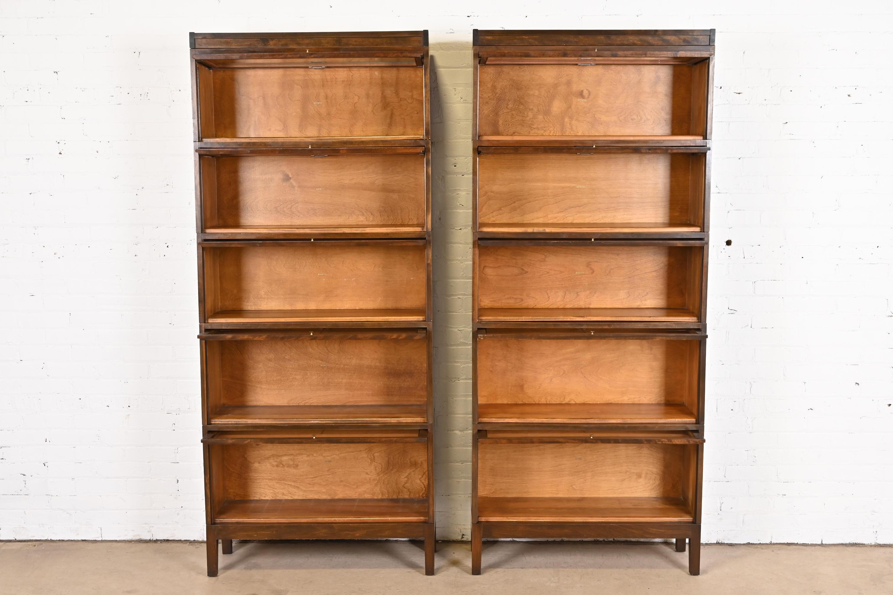 Brass Antique Shaw Walker Arts & Crafts Mahogany Five-Stack Barrister Bookcases, Pair For Sale