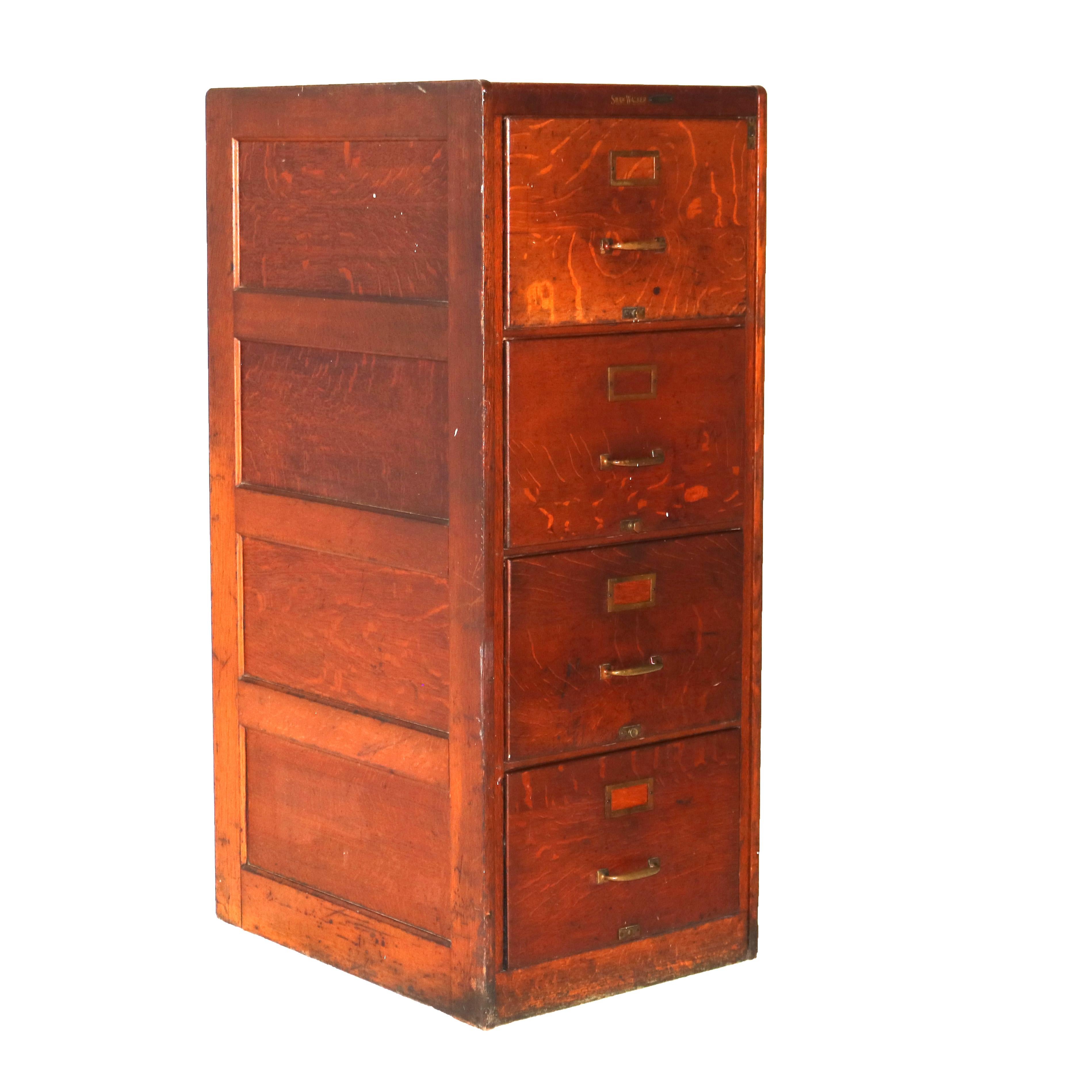 Antique Shaw Walker Arts & Crafts Paneled Oak Legal Sized 4-Drawer File Cabinet 7