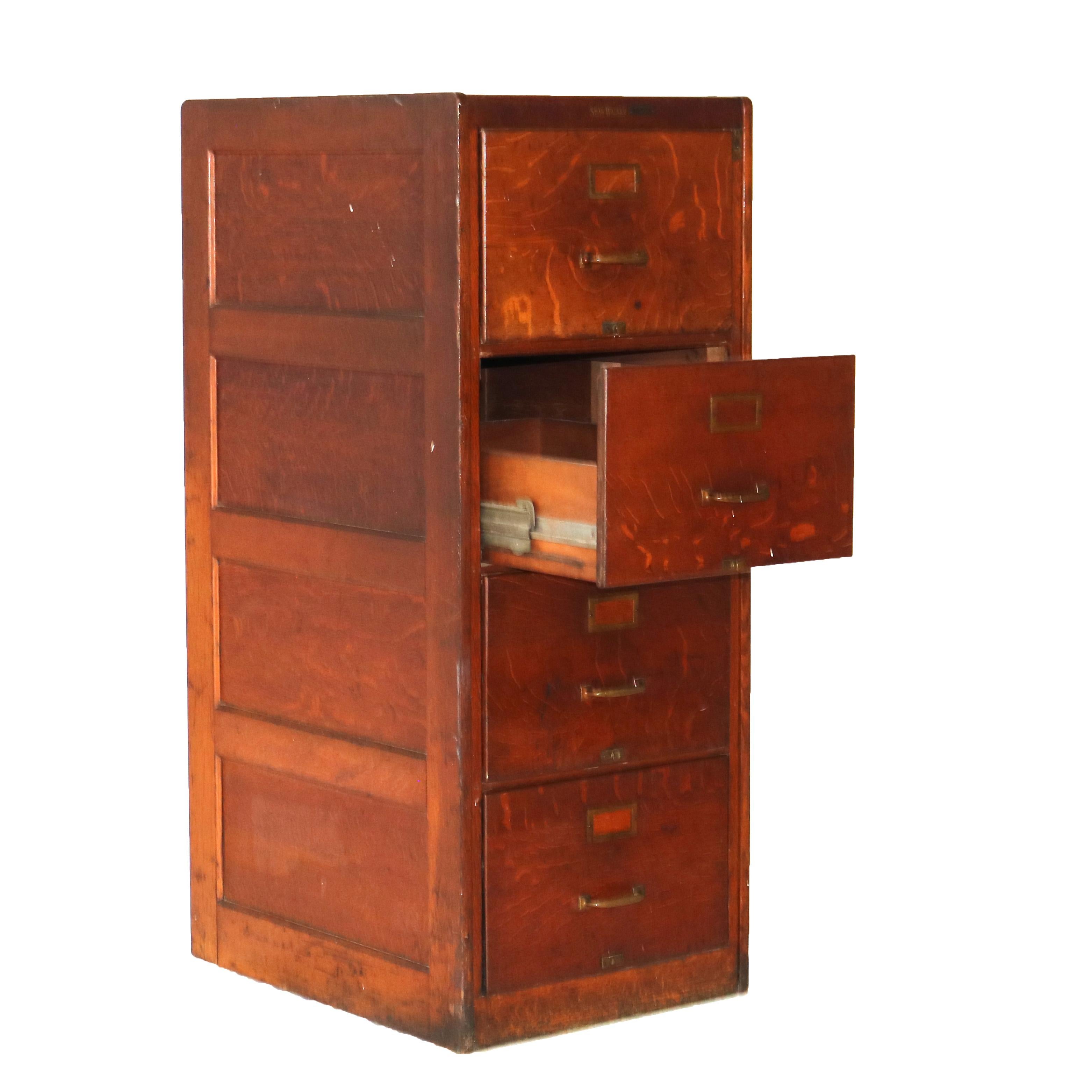 Antique Shaw Walker Arts & Crafts Paneled Oak Legal Sized 4-Drawer File Cabinet 8