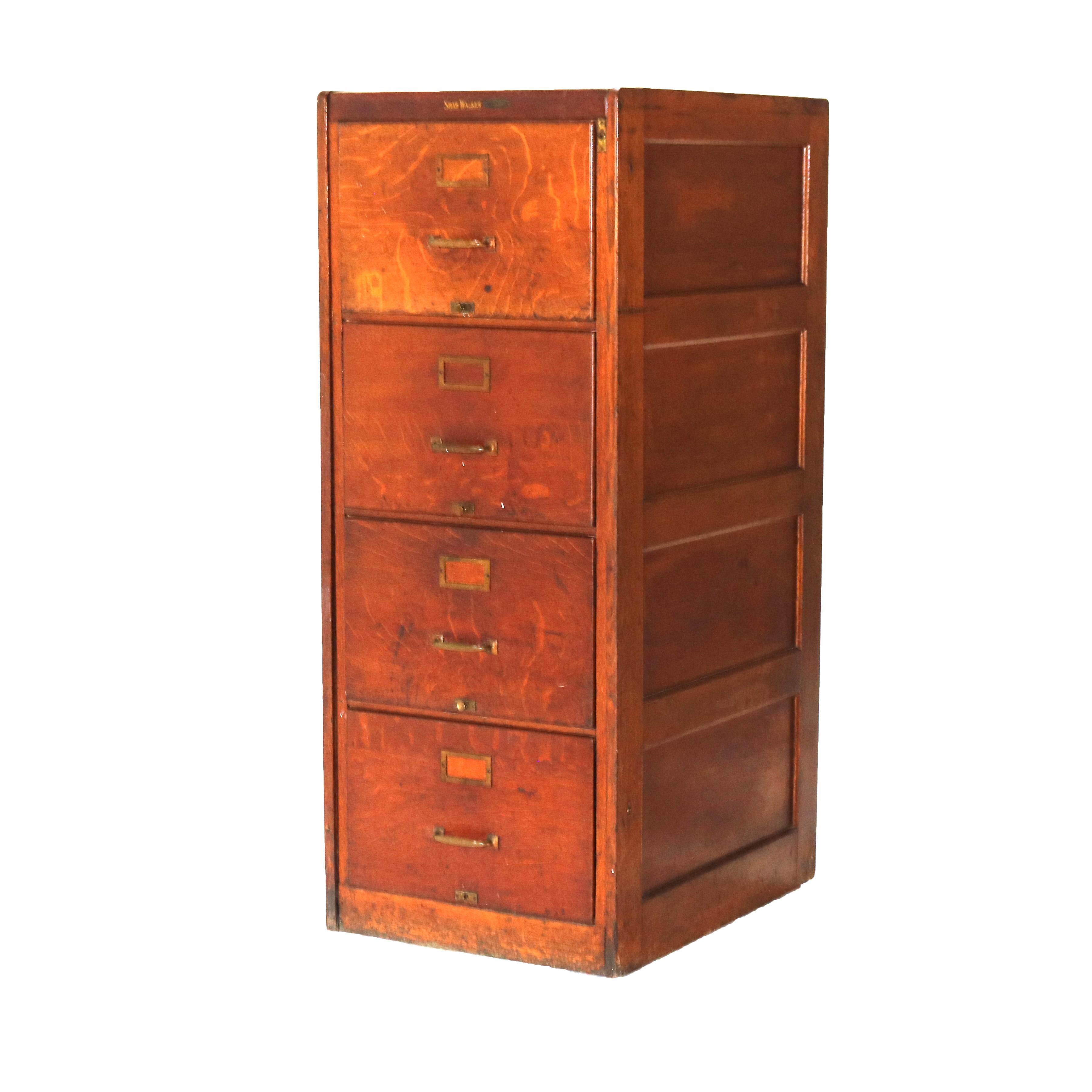 Antique Shaw Walker Arts & Crafts Paneled Oak Legal Sized 4-Drawer File Cabinet 9