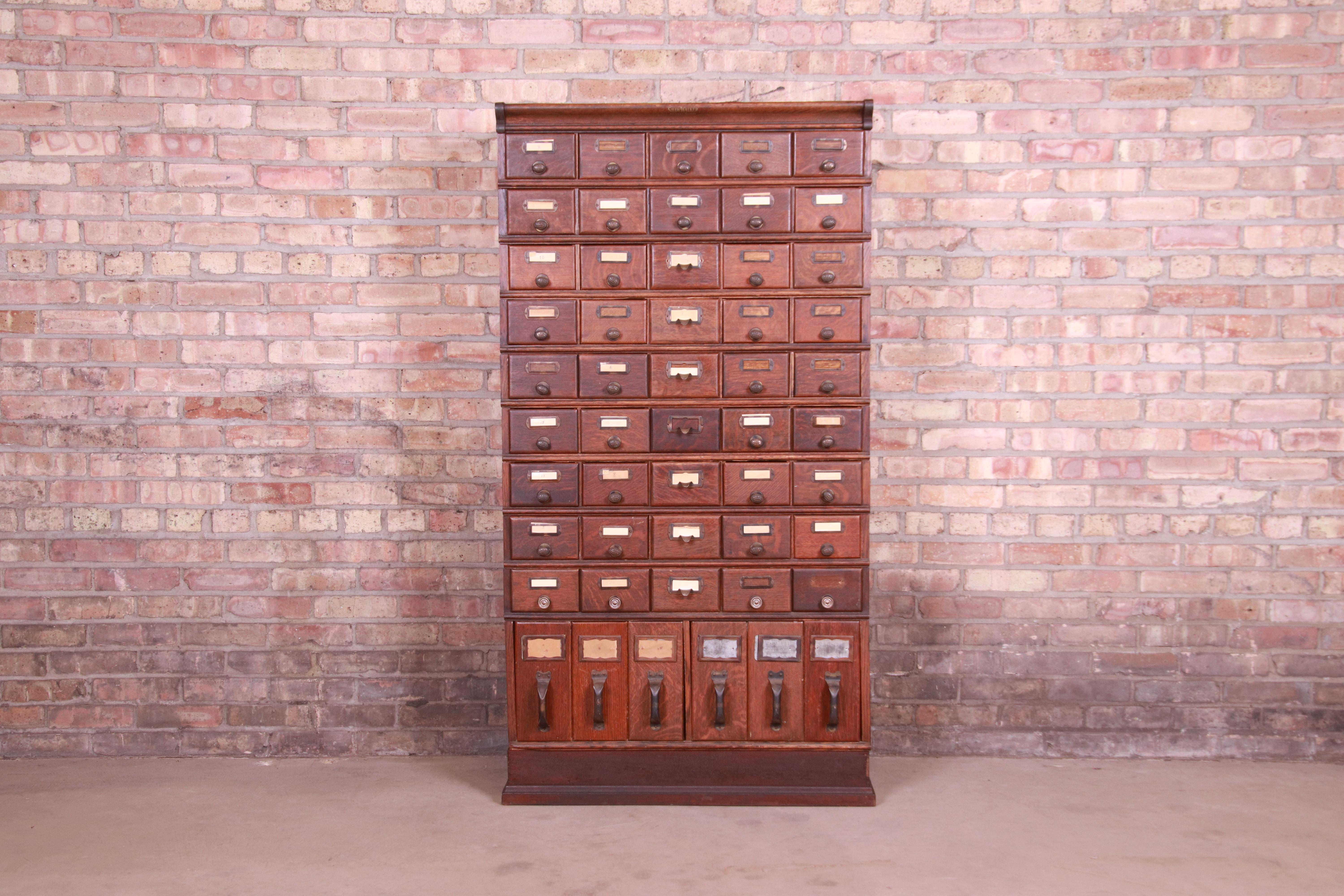 A rare and exceptional antique oak 51-drawer card catalog or file cabinet

By Shaw Walker,

USA, Circa 1900

Quarter sawn oak, with brass hardware.

Measures: 31.75